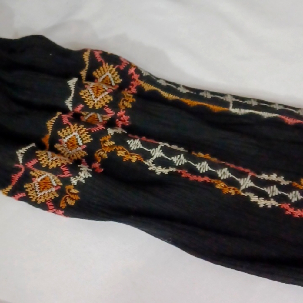 Knox Rose Y2K Boho Krinkle Black Peasant Embroidery Midi Dress XXL Vintage - Picture 8 of 12